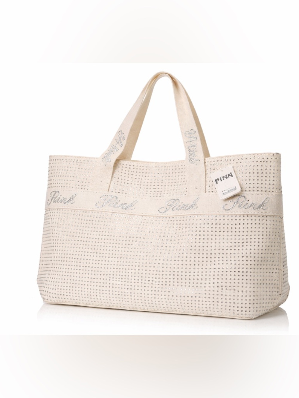 Victorias Secret PINK Bling Tote Bag Cream Rhinestone Canvas NWT girly sparkle
